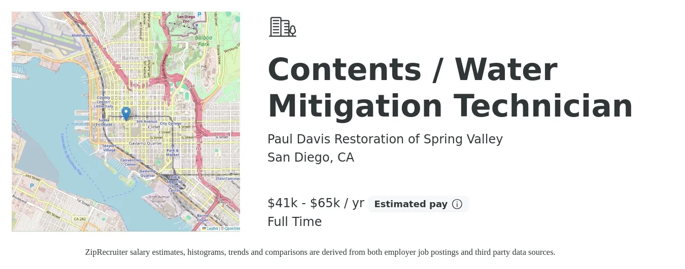 Paul Davis Restoration of Spring Valley job posting for a Contents / Water Mitigation Technician in San Diego, CA with a salary of $41,600 to $65,000 Yearly with a map of San Diego location.