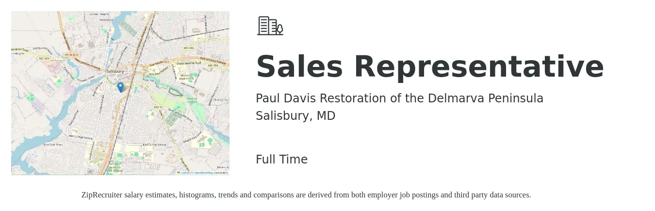 Paul Davis Restoration of the Delmarva Peninsula job posting for a Sales Representative in Salisbury, MD with a salary of $150,000 Yearly with a map of Salisbury location.