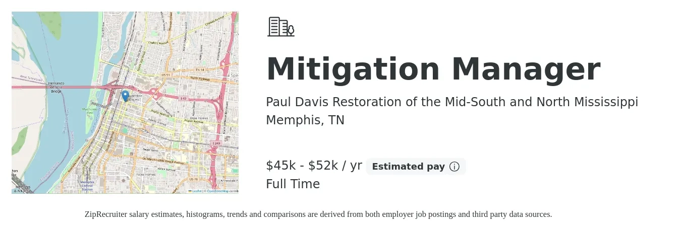 Paul Davis Restoration of the Mid-South and North Mississippi job posting for a Mitigation Manager in Memphis, TN with a salary of $45,000 to $52,000 Yearly with a map of Memphis location.