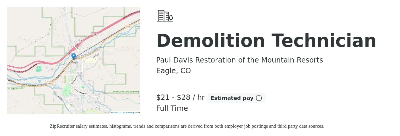 Paul Davis Restoration of the Mountain Resorts job posting for a Demolition Technician in Eagle, CO with a salary of $22 to $30 Hourly with a map of Eagle location.
