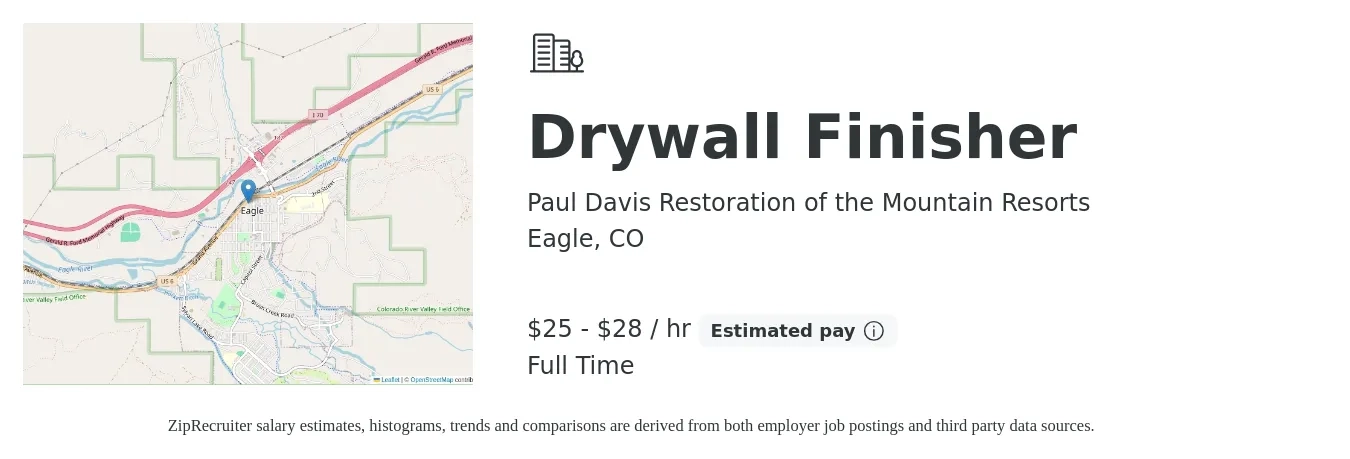 Paul Davis Restoration of the Mountain Resorts job posting for a Drywall Finisher in Eagle, CO with a salary of $27 to $30 Hourly with a map of Eagle location.