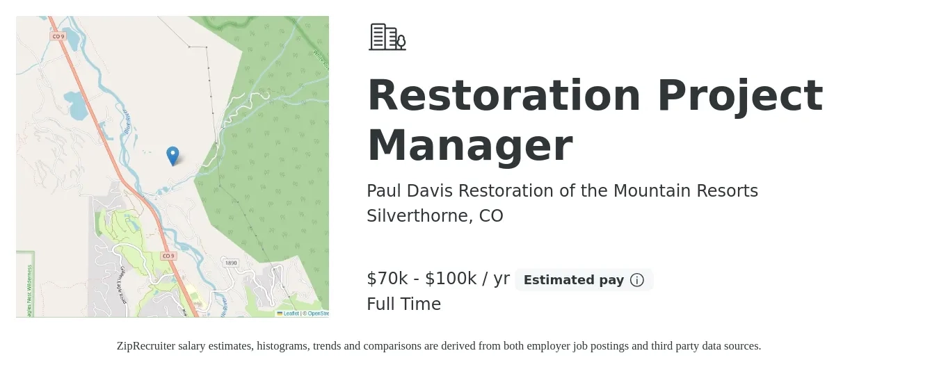 Paul Davis Restoration of the Mountain Resorts job posting for a Restoration Project Manager in Silverthorne, CO with a salary of $70,000 to $100,000 Yearly with a map of Silverthorne location.