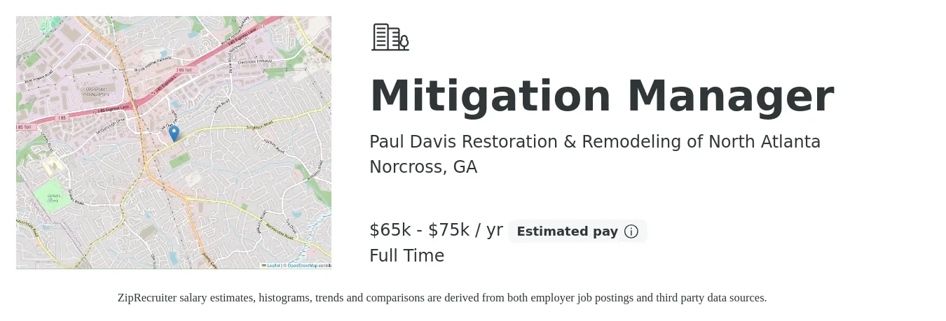Paul Davis Restoration & Remodeling of North Atlanta job posting for a Mitigation Manager in Norcross, GA with a salary of $65,000 to $75,000 Yearly with a map of Norcross location.