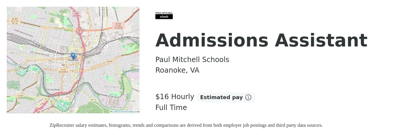 Paul Mitchell Schools job posting for a Admissions Assistant in Roanoke, VA with a salary of $17 Hourly with a map of Roanoke location.