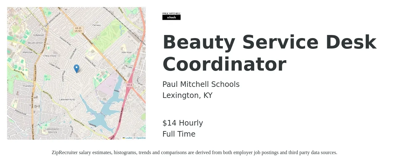 Paul Mitchell Schools job posting for a Beauty Service Desk Coordinator in Lexington, KY with a salary of $15 Hourly with a map of Lexington location.