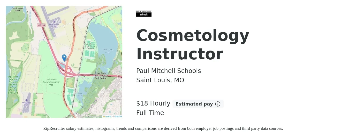 Paul Mitchell Schools job posting for a Cosmetology Instructor in Saint Louis, MO with a salary of $19 Hourly with a map of Saint Louis location.