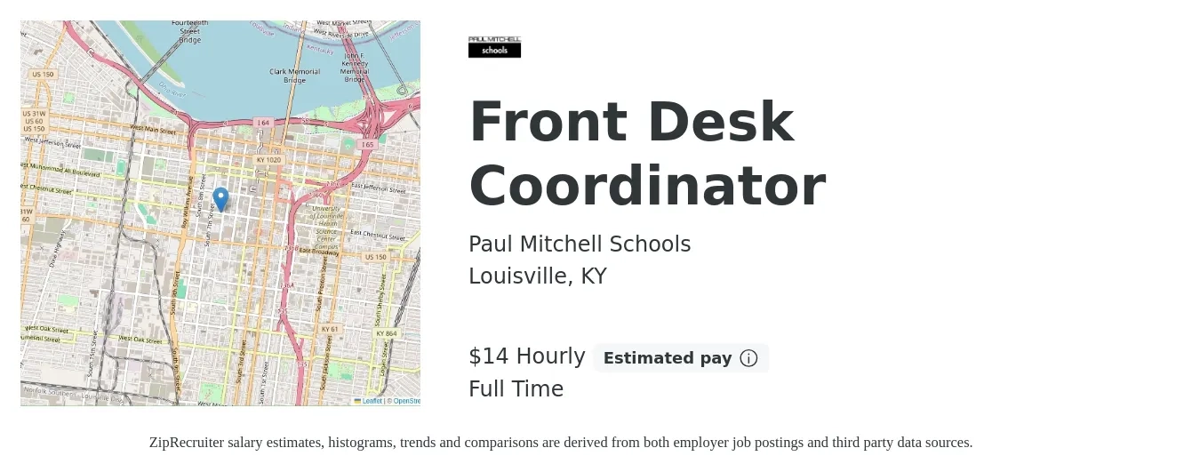 Paul Mitchell Schools job posting for a Front Desk Coordinator in Louisville, KY with a salary of $15 Hourly with a map of Louisville location.