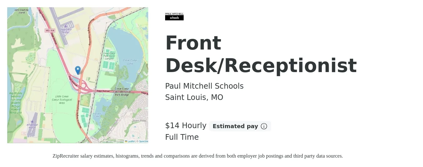 Paul Mitchell Schools job posting for a Front Desk/Receptionist in Saint Louis, MO with a salary of $15 Hourly with a map of Saint Louis location.