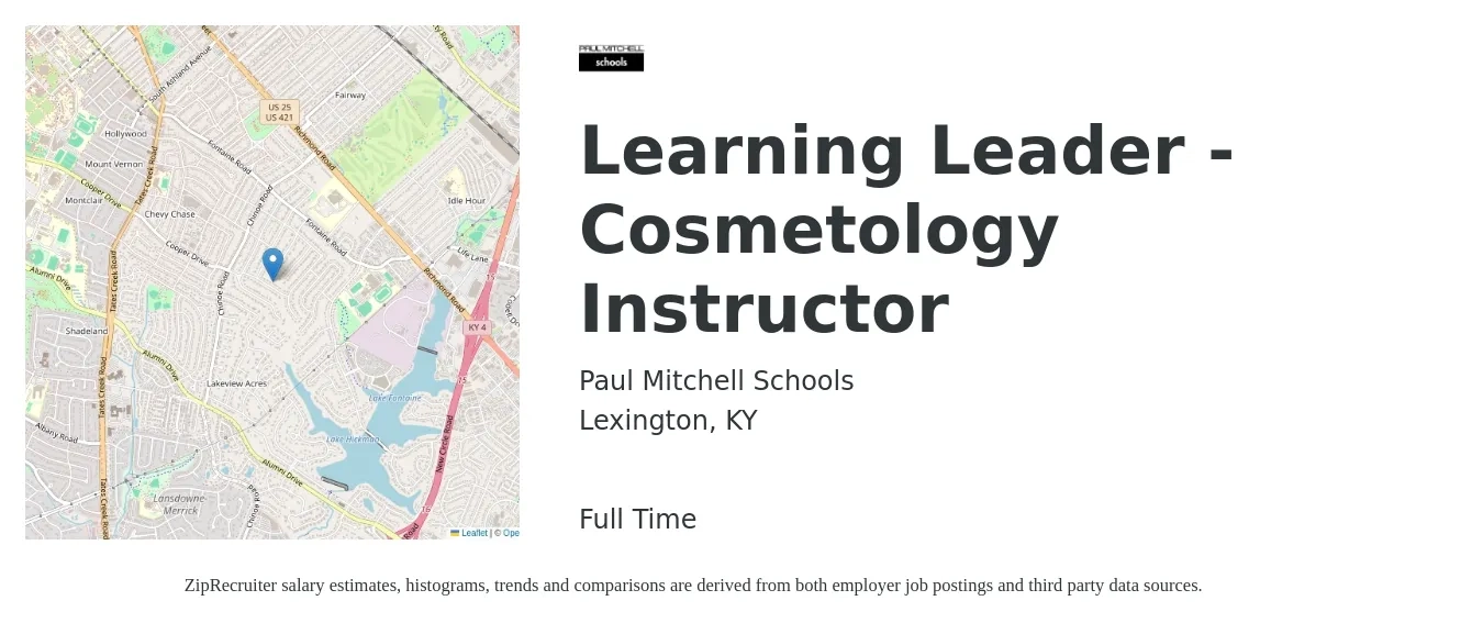 Paul Mitchell Schools job posting for a Learning Leader - Cosmetology Instructor in Lexington, KY with a salary of $17 to $23 Hourly with a map of Lexington location.