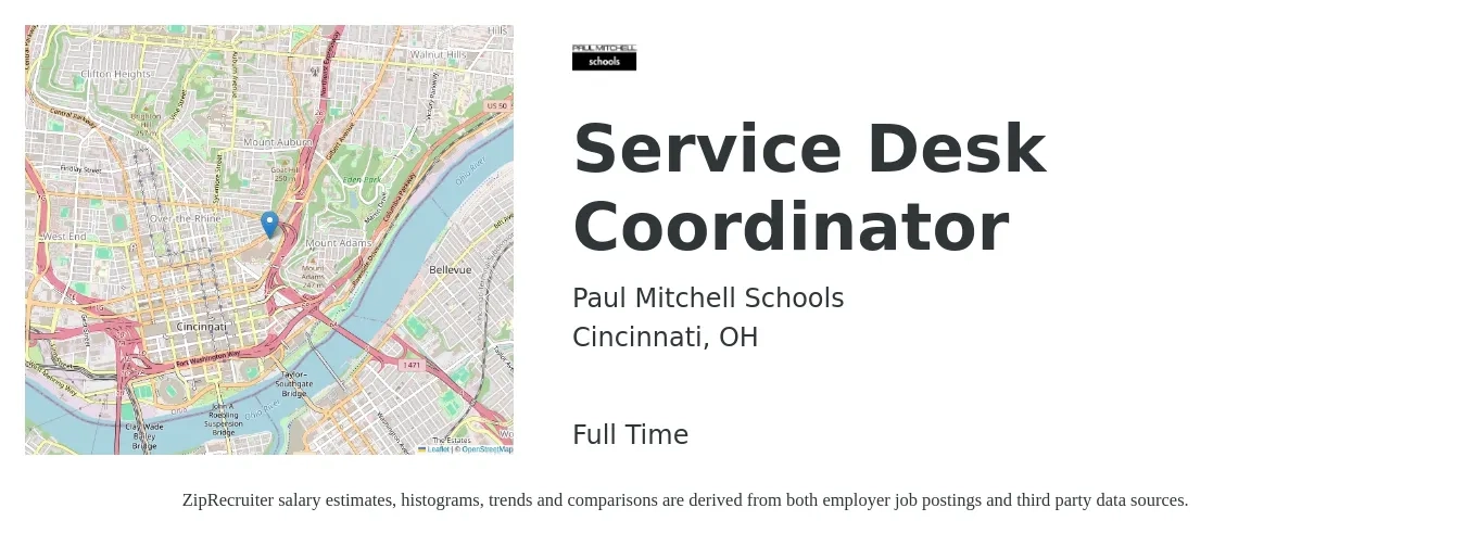 Paul Mitchell Schools job posting for a Service Desk Coordinator in Cincinnati, OH with a salary of $14 to $15 Yearly with a map of Cincinnati location.