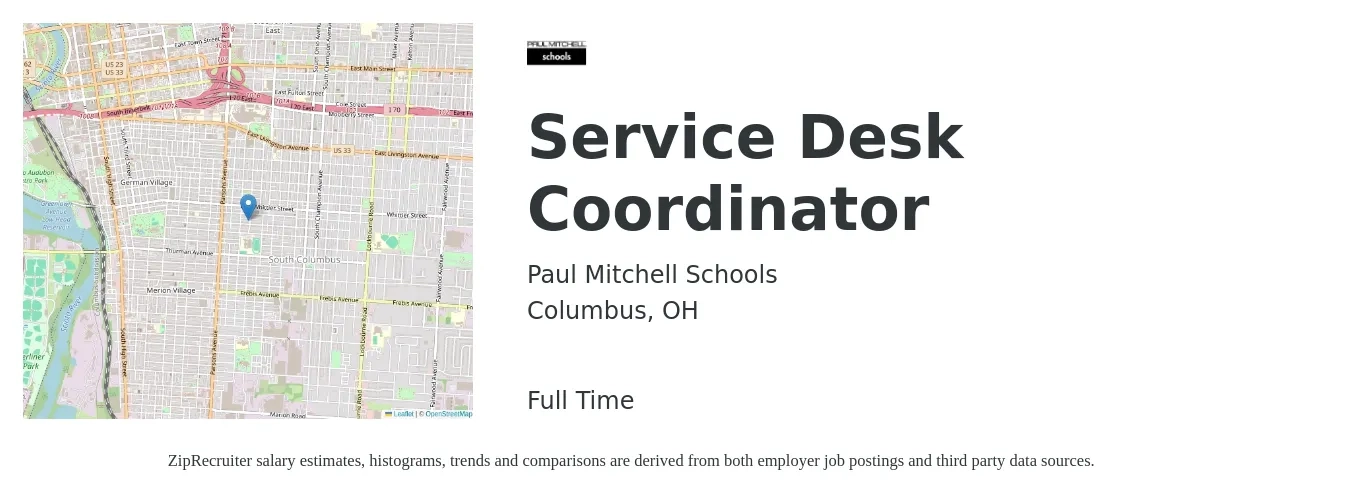 Paul Mitchell Schools job posting for a Service Desk Coordinator in Columbus, OH with a salary of $19 to $24 Hourly with a map of Columbus location.