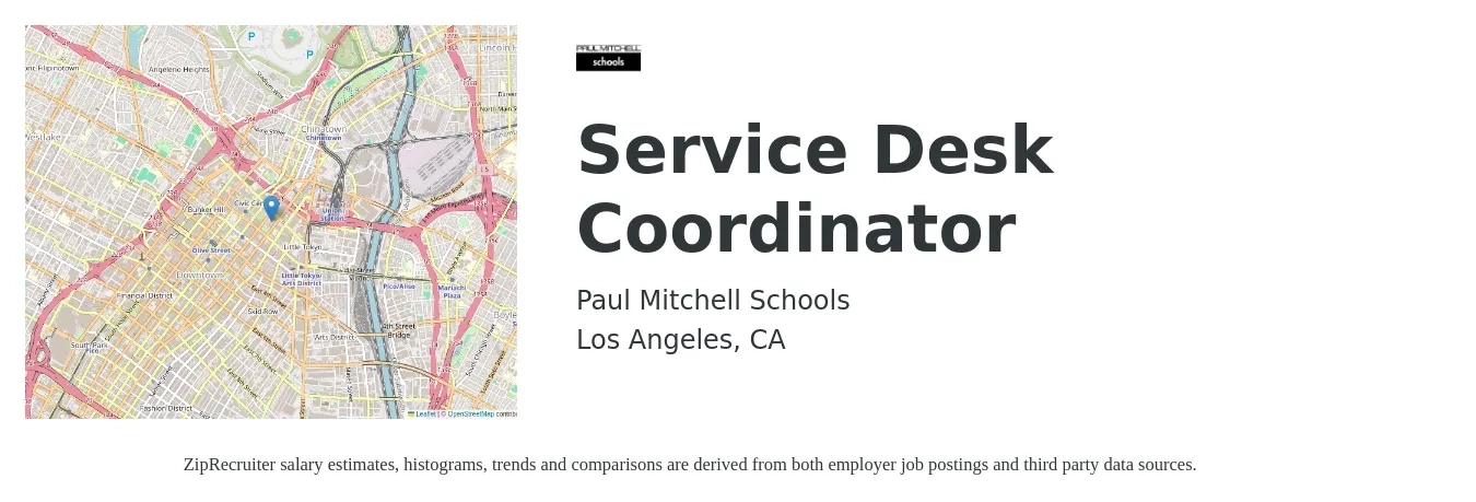 Paul Mitchell Schools job posting for a Service Desk Coordinator in Los Angeles, CA with a salary of $18 to $26 Hourly with a map of Los Angeles location.