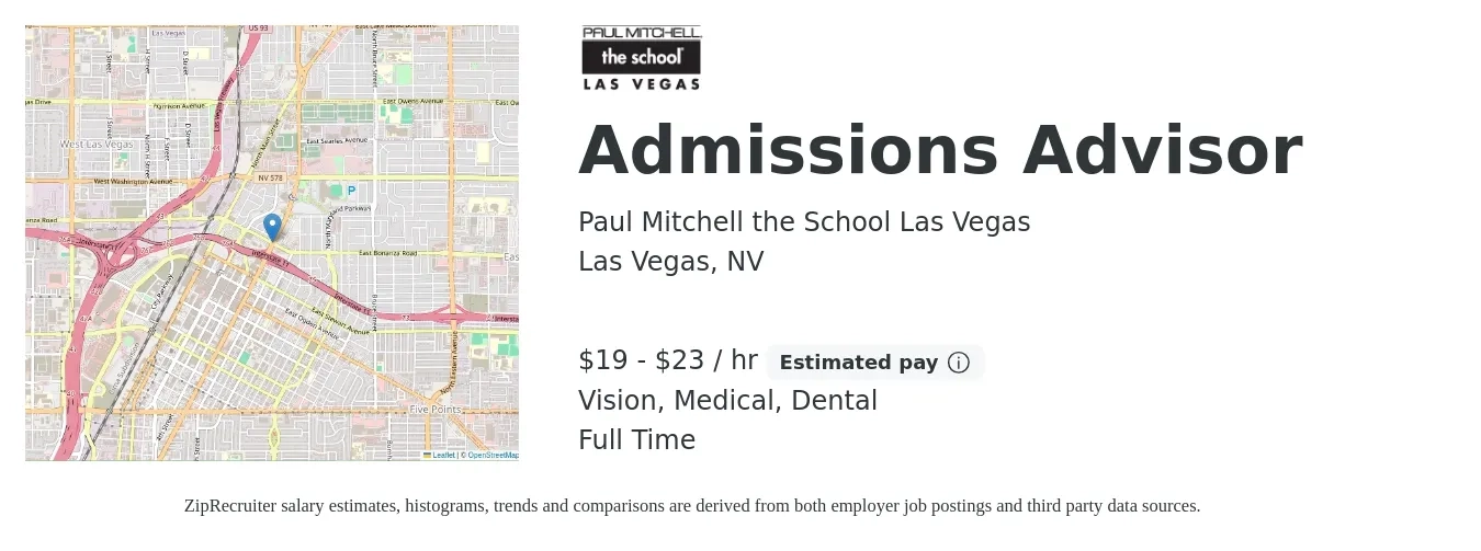 Paul Mitchell the School Las Vegas job posting for a Admissions Advisor in Las Vegas, NV with a salary of $20 to $24 Hourly and benefits including retirement, vision, dental, medical, and pto with a map of Las Vegas location.