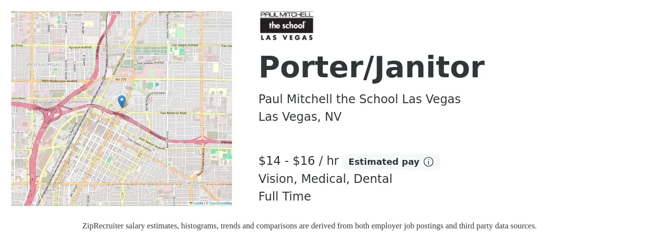 Paul Mitchell the School Las Vegas job posting for a Porter/Janitor in Las Vegas, NV with a salary of $15 to $17 Hourly and benefits including medical, pto, retirement, vision, and dental with a map of Las Vegas location.