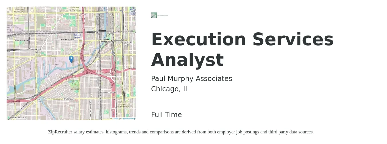 Paul Murphy Associates job posting for a Execution Services Analyst in Chicago, IL with a map of Chicago location.