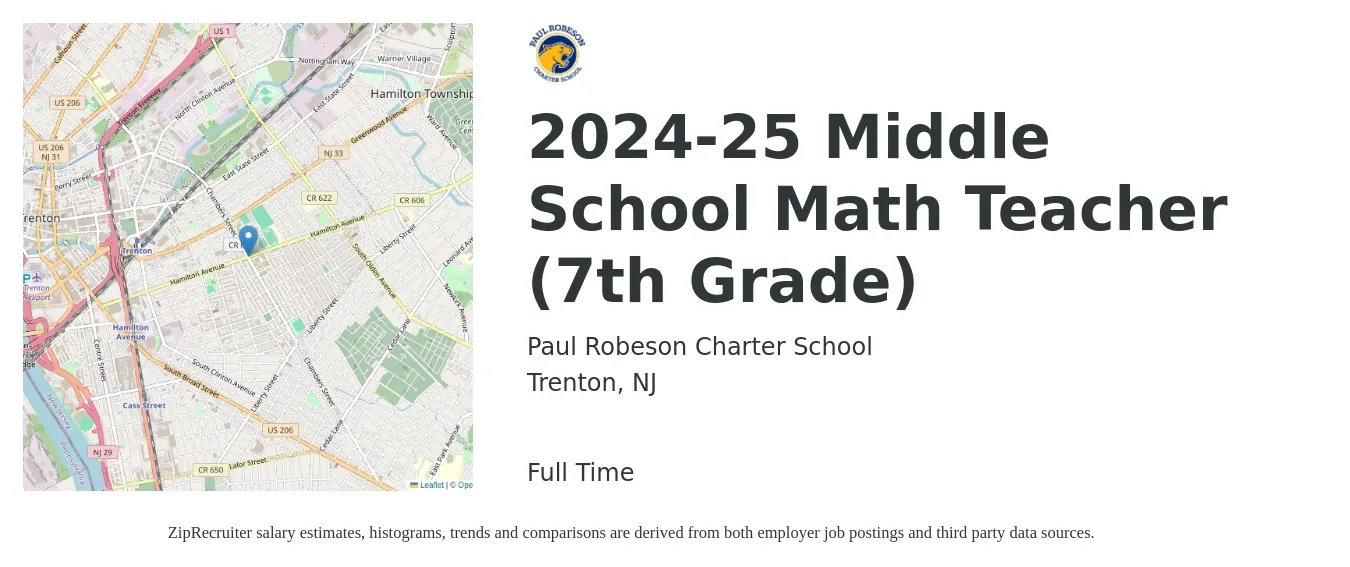 Paul Robeson Charter School job posting for a 2024-25 Middle School Math Teacher (7th Grade) in Trenton, NJ with a salary of $46,500 to $60,300 Yearly with a map of Trenton location.