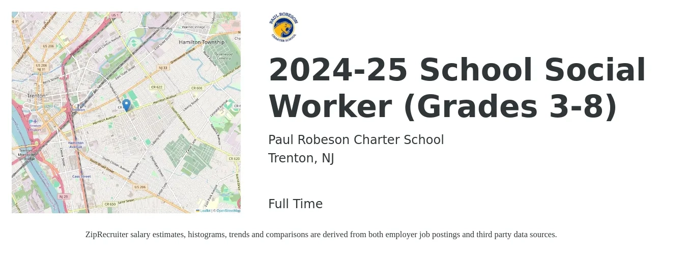 Paul Robeson Charter School job posting for a 2024-25 School Social Worker (Grades 3-8) in Trenton, NJ with a salary of $51,900 to $71,200 Yearly with a map of Trenton location.