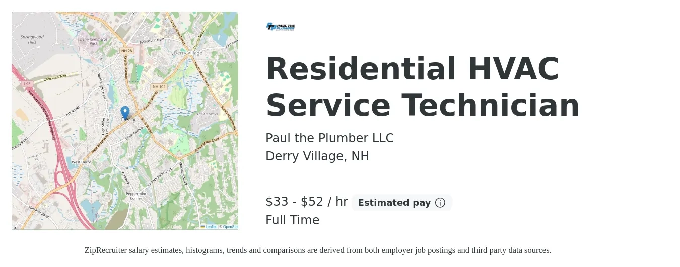 Paul the Plumber LLC job posting for a Residential HVAC Service Technician in Derry Village, NH with a salary of $35 to $55 Hourly with a map of Derry Village location.