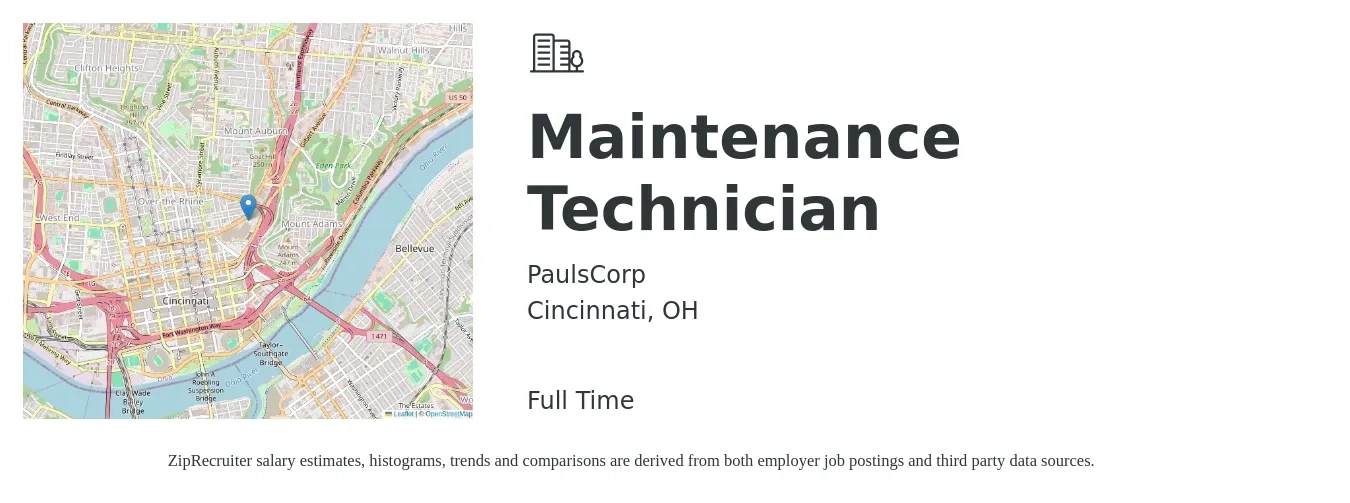 PaulsCorp job posting for a Maintenance Technician in Cincinnati, OH with a salary of $18 to $26 Hourly with a map of Cincinnati location.