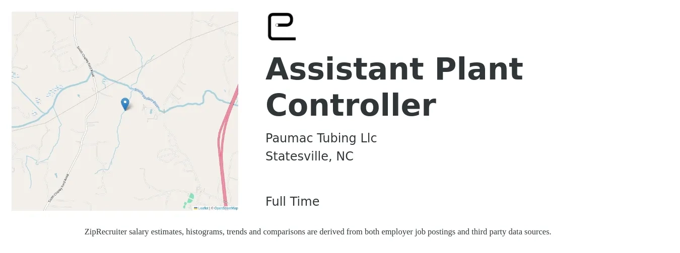 Paumac Tubing Llc job posting for a Assistant Plant Controller in Statesville, NC with a salary of $64,600 to $105,600 Yearly with a map of Statesville location.