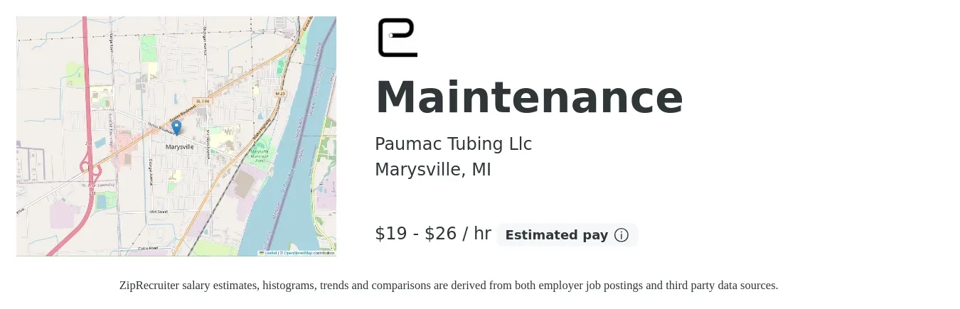 Paumac Tubing Llc job posting for a Maintenance in Marysville, MI with a salary of $22 to $36 Hourly with a map of Marysville location.