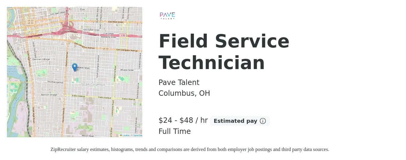 Pave Talent job posting for a Field Service Technician in Columbus, OH with a salary of $25 to $50 Hourly with a map of Columbus location.