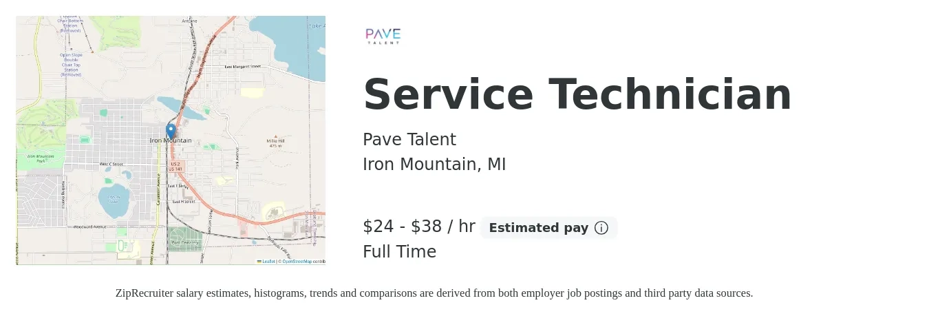 Pave Talent job posting for a Service Technician in Iron Mountain, MI with a salary of $25 to $40 Hourly with a map of Iron Mountain location.