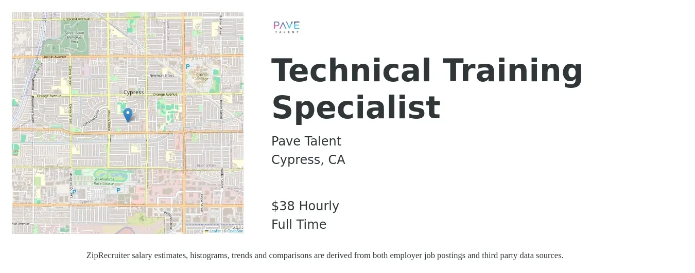 Pave Talent job posting for a Technical Training Specialist in Cypress, CA with a salary of $40 Hourly with a map of Cypress location.