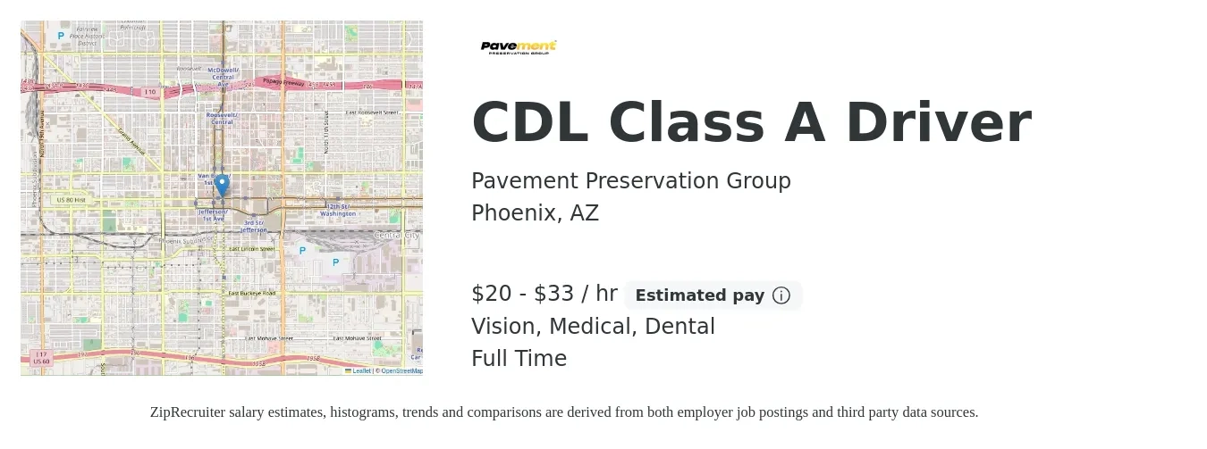 Pavement Preservation Group job posting for a CDL Class A Driver in Phoenix, AZ with a salary of $21 to $35 Hourly with a map of Phoenix location.