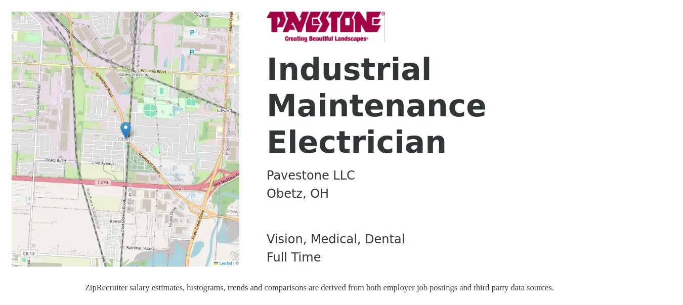 Pavestone LLC job posting for a Industrial Maintenance Electrician in Obetz, OH with a salary of $27 to $34 Hourly and benefits including dental, life_insurance, medical, pto, and vision with a map of Obetz location.