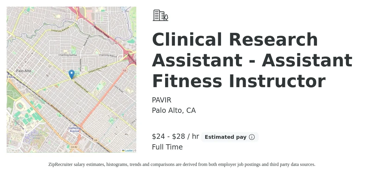 PAVIR job posting for a Clinical Research Assistant - Assistant Fitness Instructor in Palo Alto, CA with a salary of $25 to $30 Hourly with a map of Palo Alto location.