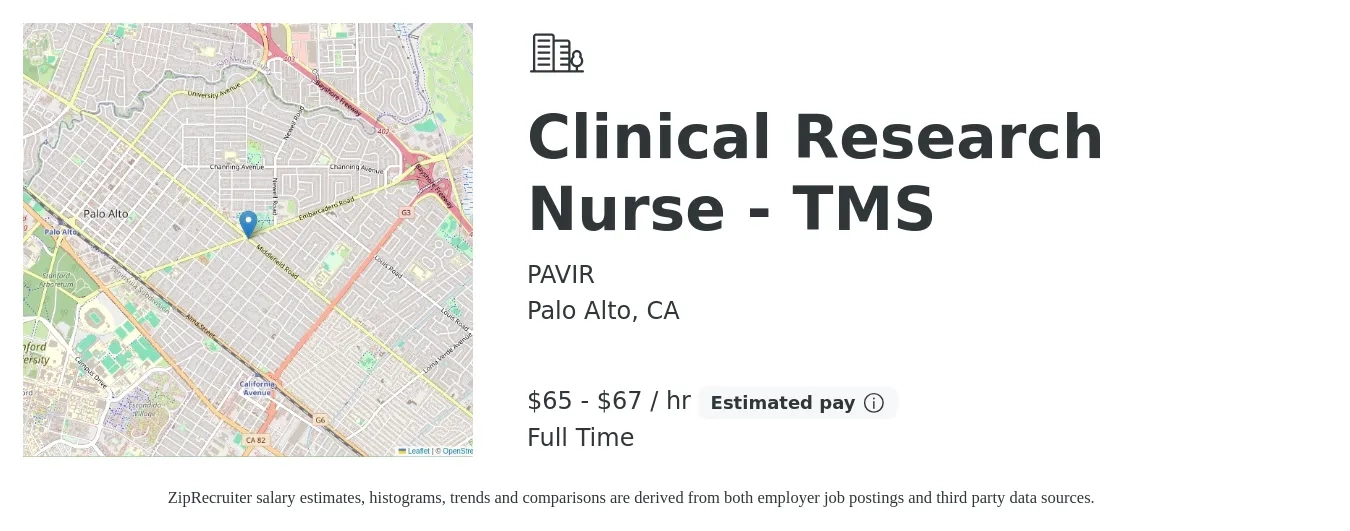 PAVIR job posting for a Clinical Research Nurse - TMS in Palo Alto, CA with a salary of $141,440 to $145,600 Yearly with a map of Palo Alto location.