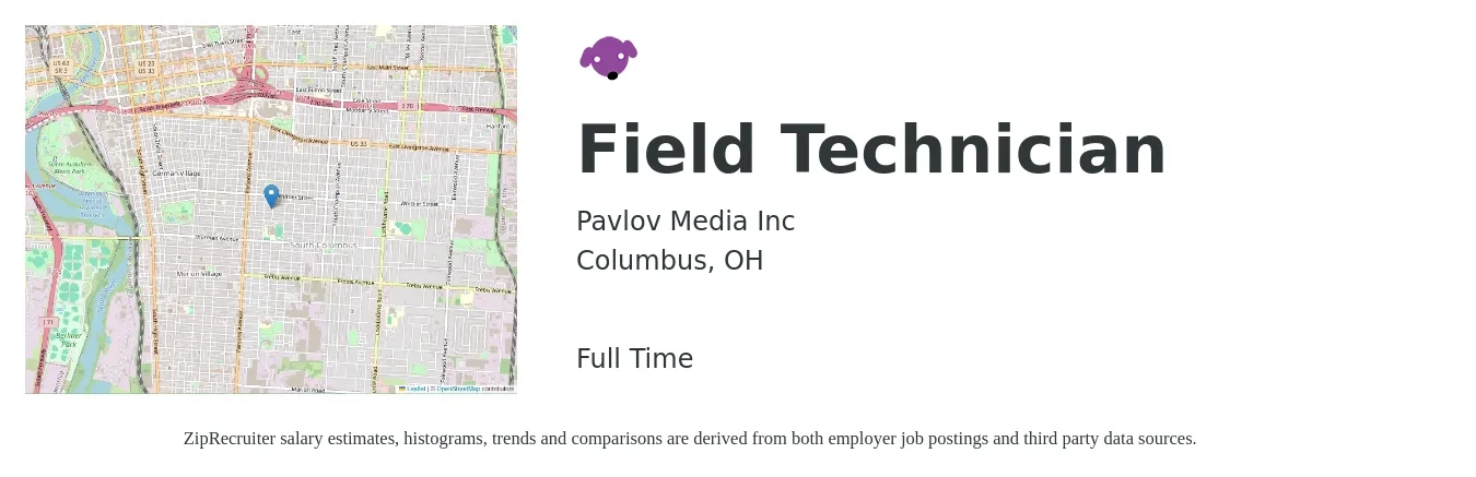 Pavlov Media Inc job posting for a Field Technician in Columbus, OH with a salary of $19 to $26 Hourly with a map of Columbus location.