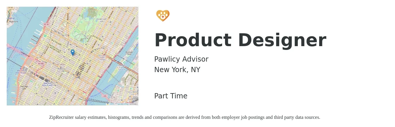 Pawlicy Advisor job posting for a Product Designer in New York, NY with a salary of $143,300 to $169,600 Yearly with a map of New York location.