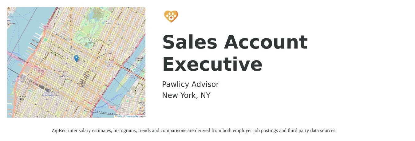 Pawlicy Advisor job posting for a Sales Account Executive in New York, NY with a salary of $59,000 to $92,600 Yearly with a map of New York location.