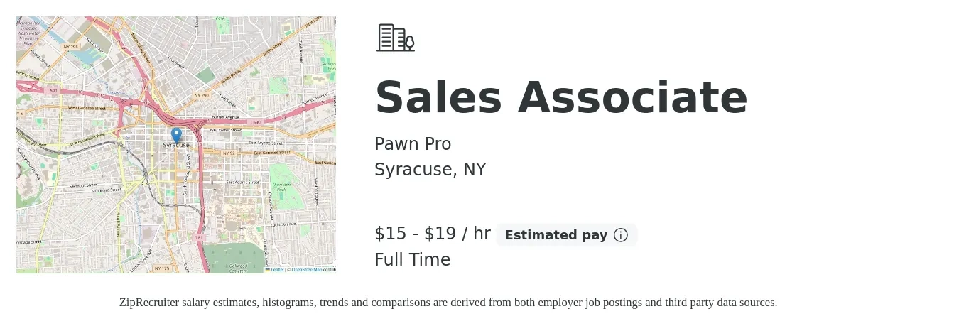 Pawn Pro job posting for a Sales Associate in Syracuse, NY with a salary of $16 to $20 Hourly with a map of Syracuse location.