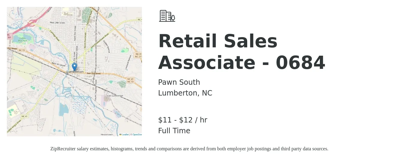 Pawn South job posting for a Retail Sales Associate - 0684 in Lumberton, NC with a salary of $12 to $14 Hourly with a map of Lumberton location.