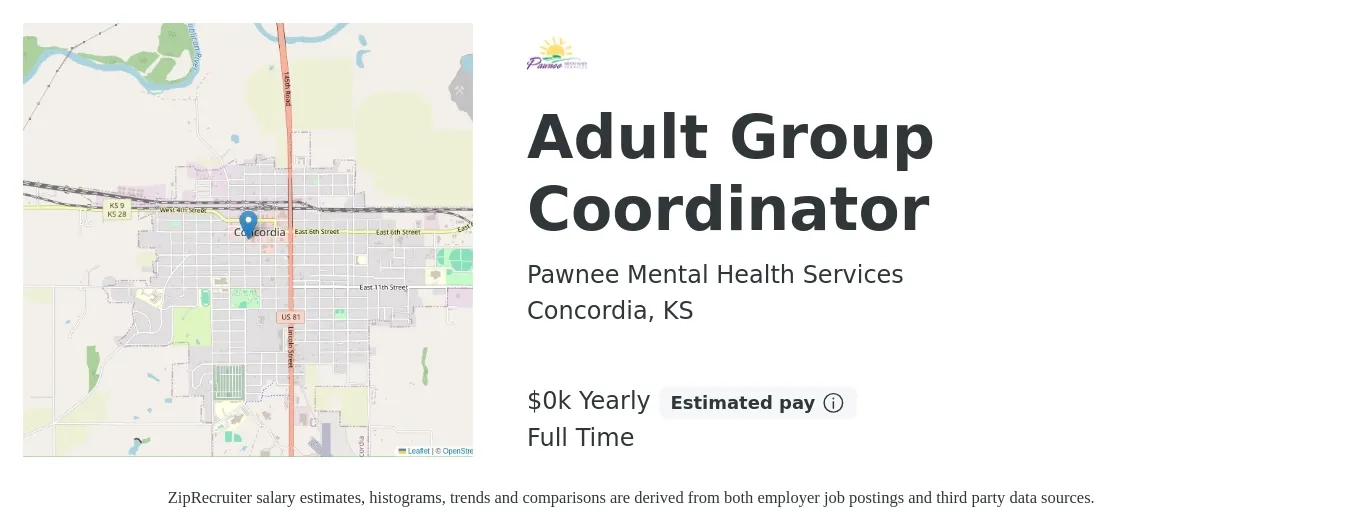 Pawnee Mental Health Services job posting for a Adult Group Coordinator in Concordia, KS with a salary of $20 Yearly with a map of Concordia location.
