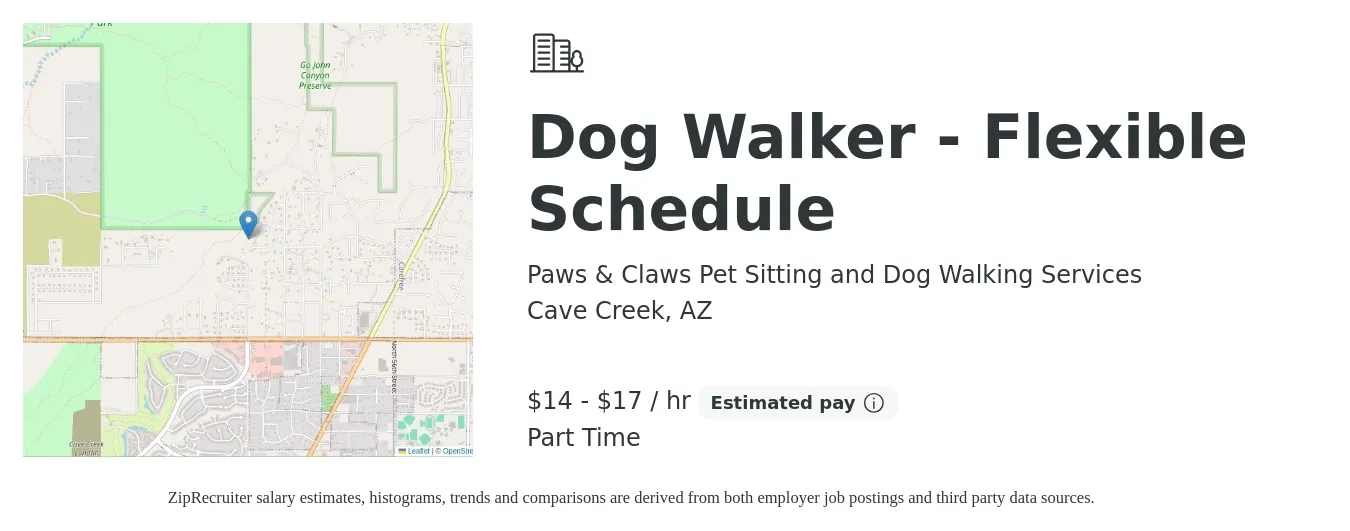 Paws & Claws Pet Sitting and Dog Walking Services job posting for a Dog Walker - Flexible Schedule in Cave Creek, AZ with a salary of $15 to $18 Hourly with a map of Cave Creek location.