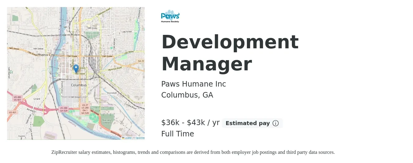 Paws Humane Inc job posting for a Development Manager in Columbus, GA with a salary of $36,000 to $43,000 Yearly with a map of Columbus location.