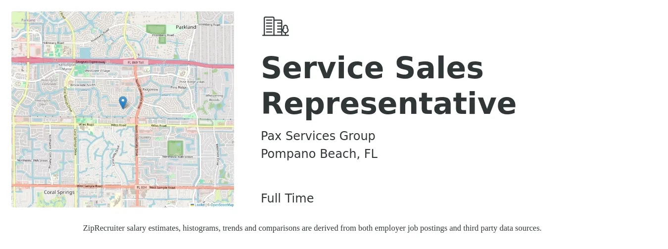 Pax Services Group job posting for a Service Sales Representative in Pompano Beach, FL with a salary of $37,600 to $65,900 Yearly with a map of Pompano Beach location.