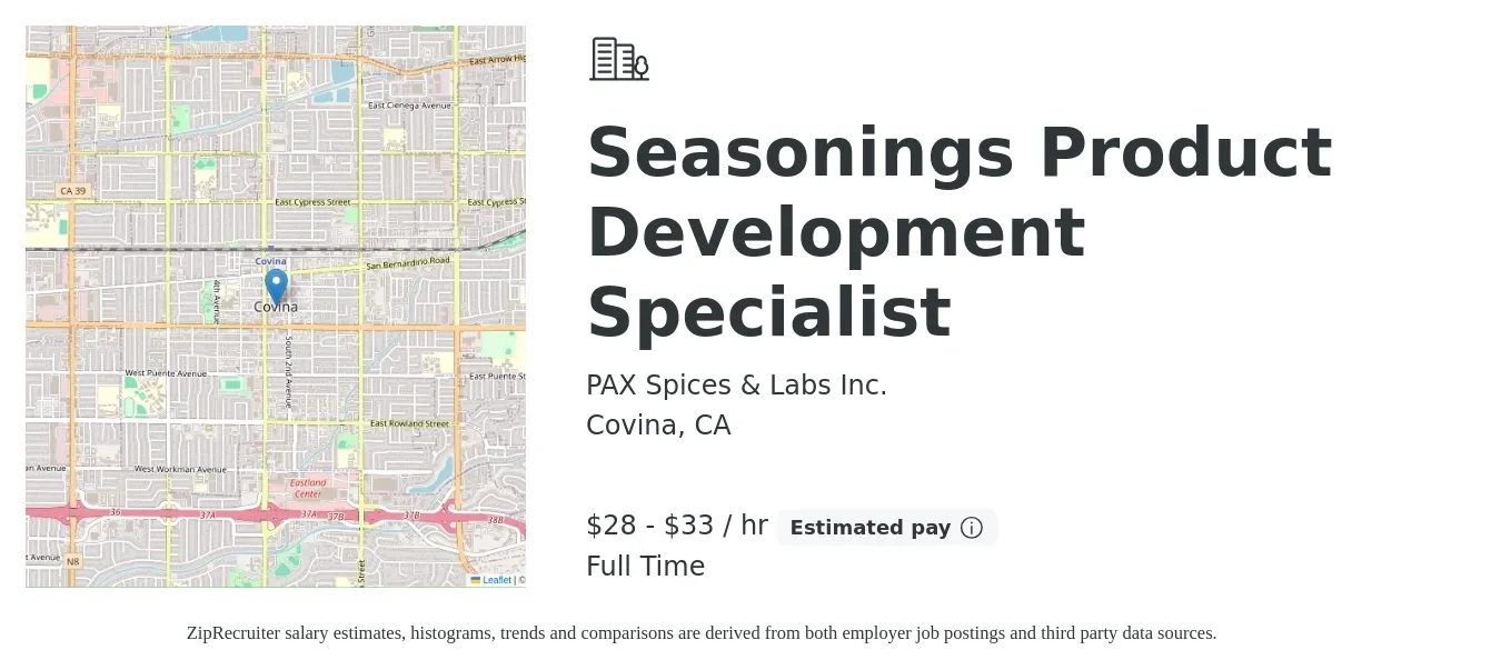 PAX Spices & Labs Inc. job posting for a Seasonings Product Development Specialist in Covina, CA with a salary of $30 to $35 Hourly with a map of Covina location.