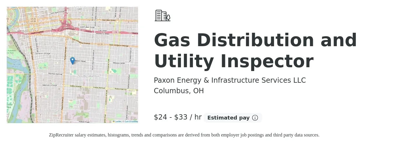 Paxon Energy & Infrastructure Services LLC job posting for a Gas Distribution and Utility Inspector in Columbus, OH with a salary of $25 to $35 Hourly with a map of Columbus location.