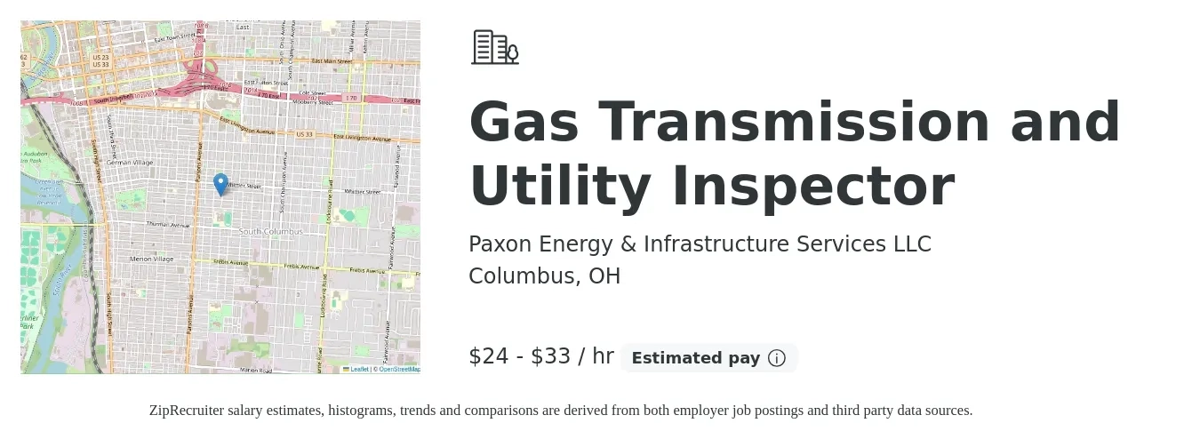 Paxon Energy & Infrastructure Services LLC job posting for a Gas Transmission and Utility Inspector in Columbus, OH with a salary of $25 to $35 Hourly with a map of Columbus location.