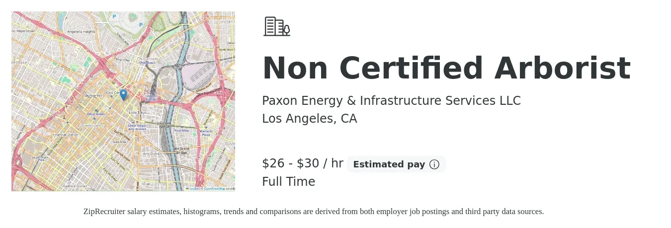 Paxon Energy & Infrastructure Services LLC job posting for a Non Certified Arborist in Los Angeles, CA with a salary of $28 to $32 Hourly with a map of Los Angeles location.