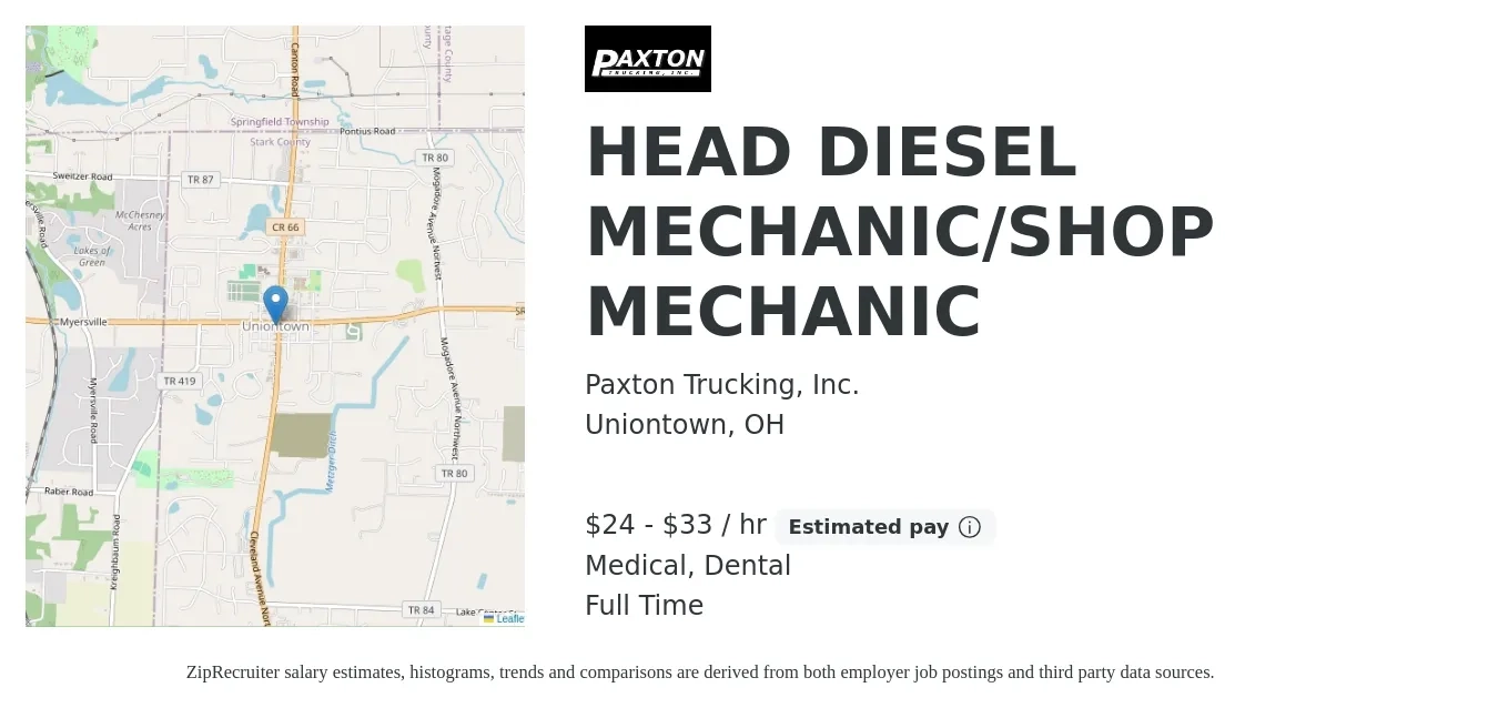 Paxton Trucking, Inc. job posting for a HEAD DIESEL MECHANIC/SHOP MECHANIC in Uniontown, OH with a salary of $25 to $35 Hourly and benefits including dental, life_insurance, and medical with a map of Uniontown location.