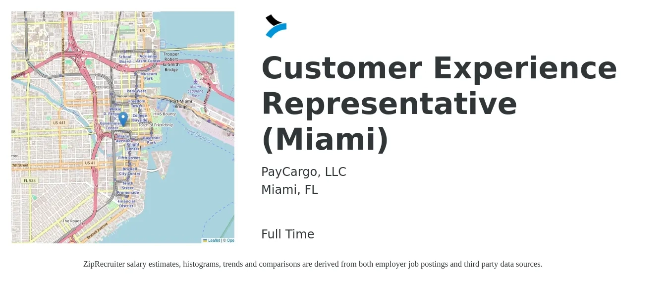 PayCargo, LLC job posting for a Customer Experience Representative (Miami) in Miami, FL with a salary of $15 to $21 Hourly with a map of Miami location.