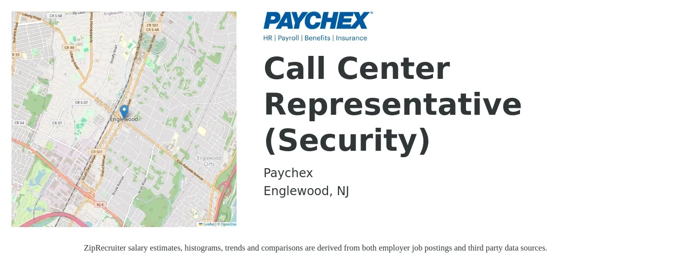 Paychex job posting for a Call Center Representative (Security) in Englewood, NJ with a salary of $17 to $21 Hourly with a map of Englewood location.