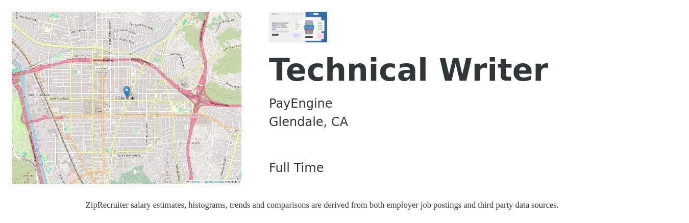 PayEngine job posting for a Technical Writer in Glendale, CA with a salary of $32 to $52 Hourly with a map of Glendale location.