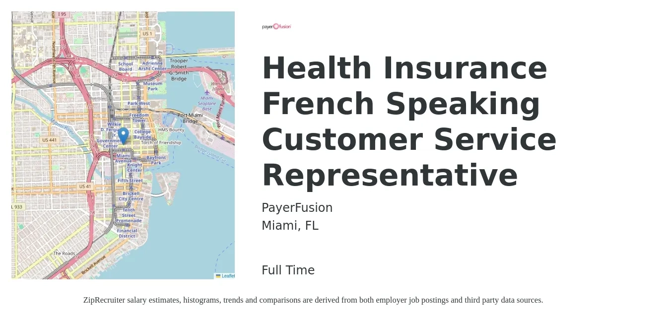 PayerFusion job posting for a Health Insurance French Speaking Customer Service Representative in Miami, FL with a salary of $15 to $19 Hourly with a map of Miami location.
